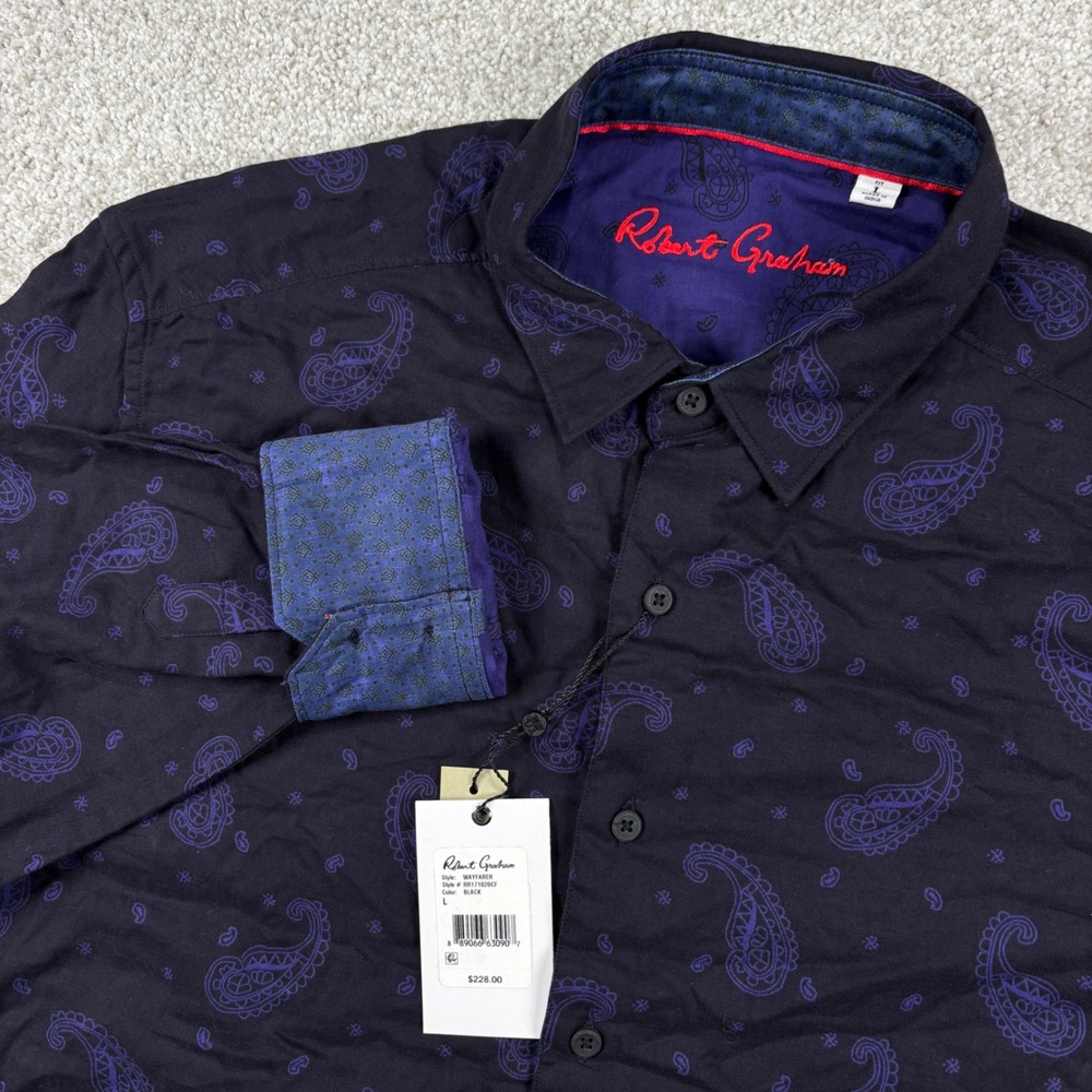 NEW Robert Graham Wayfarer Shirt Men L Black Purple Paisley Long Sleeve